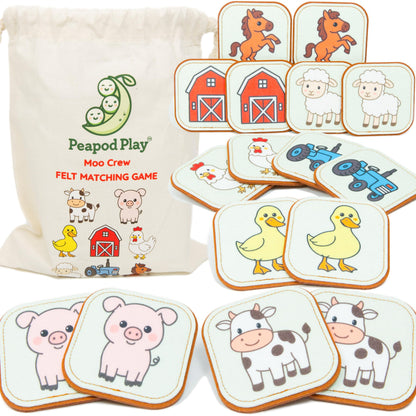 Peapod Play Felt Farm Matching Game for Toddlers – Farm Animal Memory Game & Flash Cards – Soft and Safe for Ages 1+ – Montessori Preschool Learning Activity – Educational Farm Toy for Boys & Girls