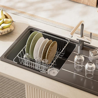 JAQ Over Sink Dish Drying Rack for Medium to Large Sink, Expandable 15.08"–22.4", Adjustable 304 Stainless Steel Dish Drainer with Utensil Holder, Large Capacity Holds Up to 13 Plates