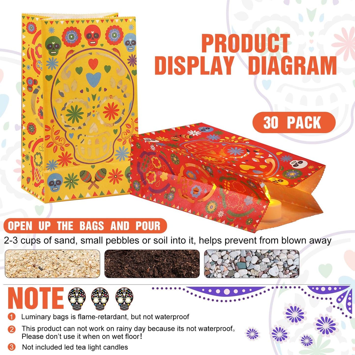 Ireer 30 Pieces Halloween Day of The Dead Luminary Bags - Dia De Los Muertos Candy Bag - Flame Resistant Candle Bag - Sugar Skull Gift Goodie for Mexican Fiesta Halloween Party Favors Supplies