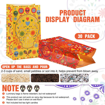 Ireer 30 Pieces Halloween Day of The Dead Luminary Bags - Dia De Los Muertos Candy Bag - Flame Resistant Candle Bag - Sugar Skull Gift Goodie for Mexican Fiesta Halloween Party Favors Supplies