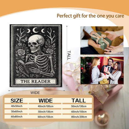 Mounidso Gothic Skeleton Reading Blanket Gifts for Women, Soft Warm Lightweight Flannel Skull Moon Throw Blankets for Bedroom Living Room Home Sofa Camping Decor 50" x 60", Goth Floral Throws