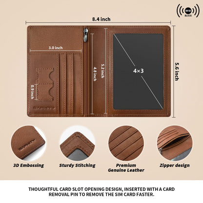 BAPHITY Genuine Leather RFID Blocking Passport Holder Wallet with Zipper Hidden Pocket,Luxury Cover for Men Women,Ideal Gift-red-brown