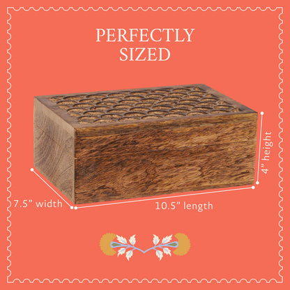 Mela Artisans 10.5” x 7.5” x 4” Mango Wood Box with Lid – Carved Scallop Medium Burnt – Handcrafted Wooden Keepsake Box – Extra Large Decorative Storage for Jewelry, Memory & Home Décor Accents