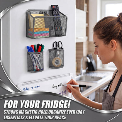 Marspark 3 Pcs Magnetic Pen Holder Set Metal Pencil Holder with Strong Magnets Wire Mesh Storage Basket Organizer for Locker Accessories Whiteboard Refrigerator School Office Dorm(Grey)