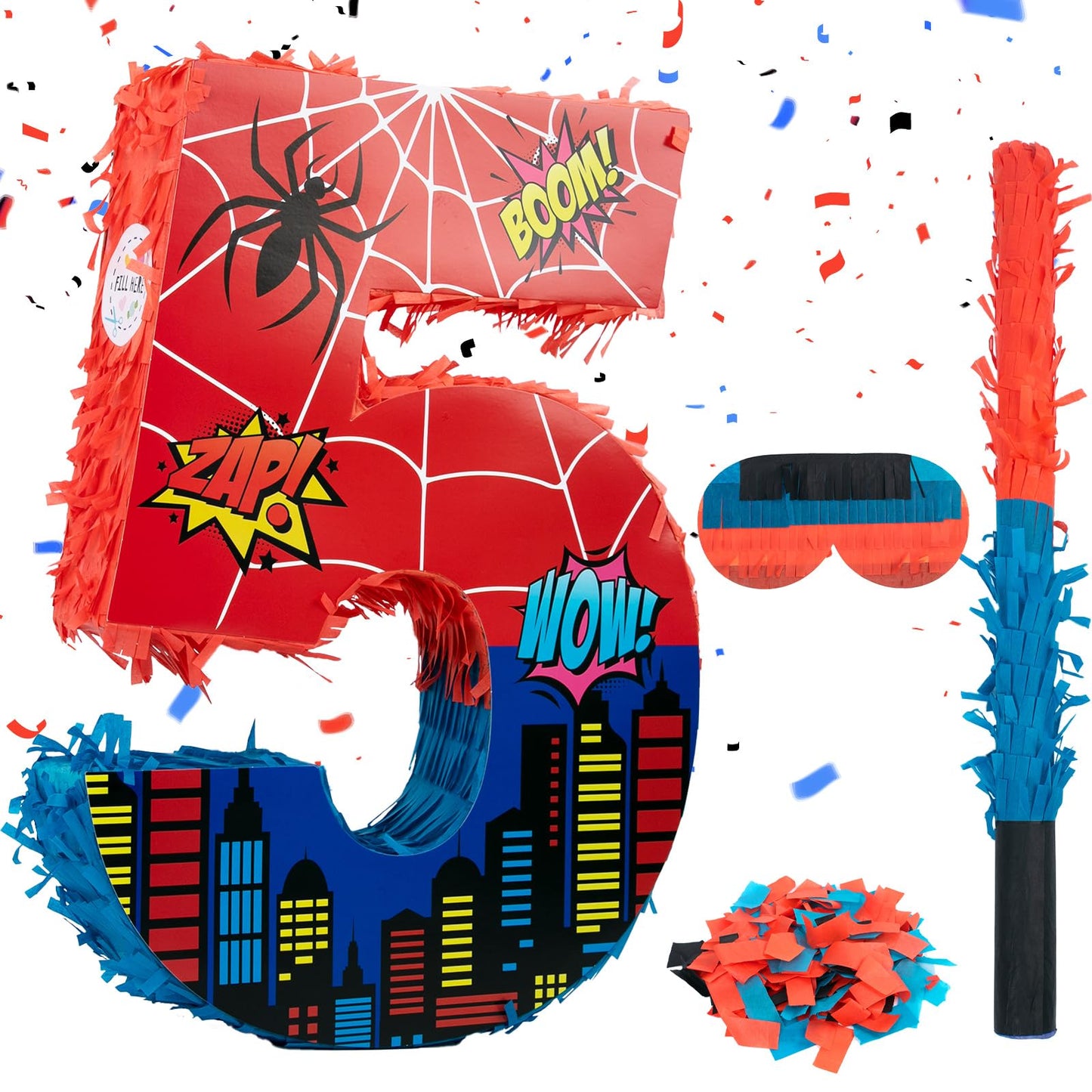 Number 5 Spider Pinata Bundle with 16 Inch Piñata Stick Blindfold Confetti for Hero Birthday Party Decoration Anniversary Celebration Gift Spider Party Favors for Kids, 16 x 11.6 x 2.4 Inch
