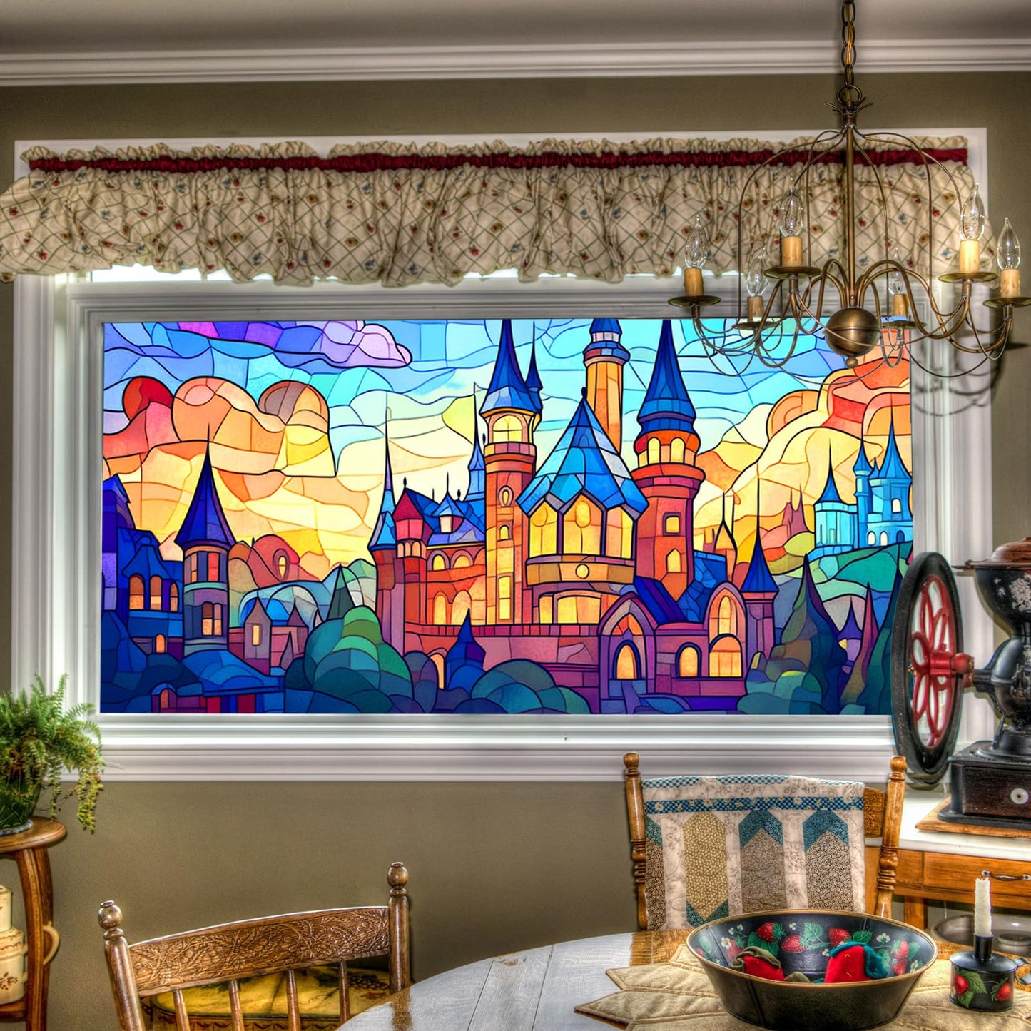 HOMETITUTE Stained Glass Castle Pattern Rainbow Window Film 39.3x17.7 inches Non-Adhesive Removable Reusable for Glass Door Home and Office Bedrooms PVC Static Cling Sticker