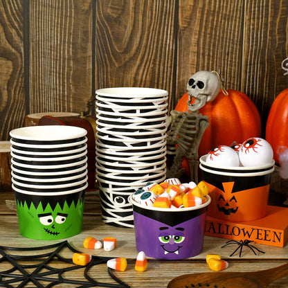 AnyDesign Halloween Treat Cups 100 Pcs 6.5 oz Disposable Paper Bowls in 4 Styles Pumpkin Mummy Vampire Monster Funny Character Soup Cups for Hot Cold Drinks Party Supplies
