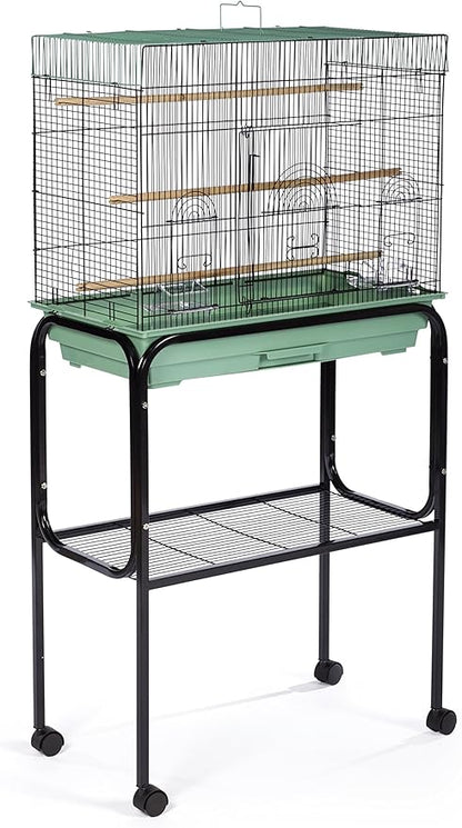 Prevue Pet Products Bird Cage Stand with Shelf - Medium Metal Cage Stand with Rolling Wheels, Bird Stands for Inside, Mid-Height Shelf for Cage Accessories, Toys, and Storage - Black