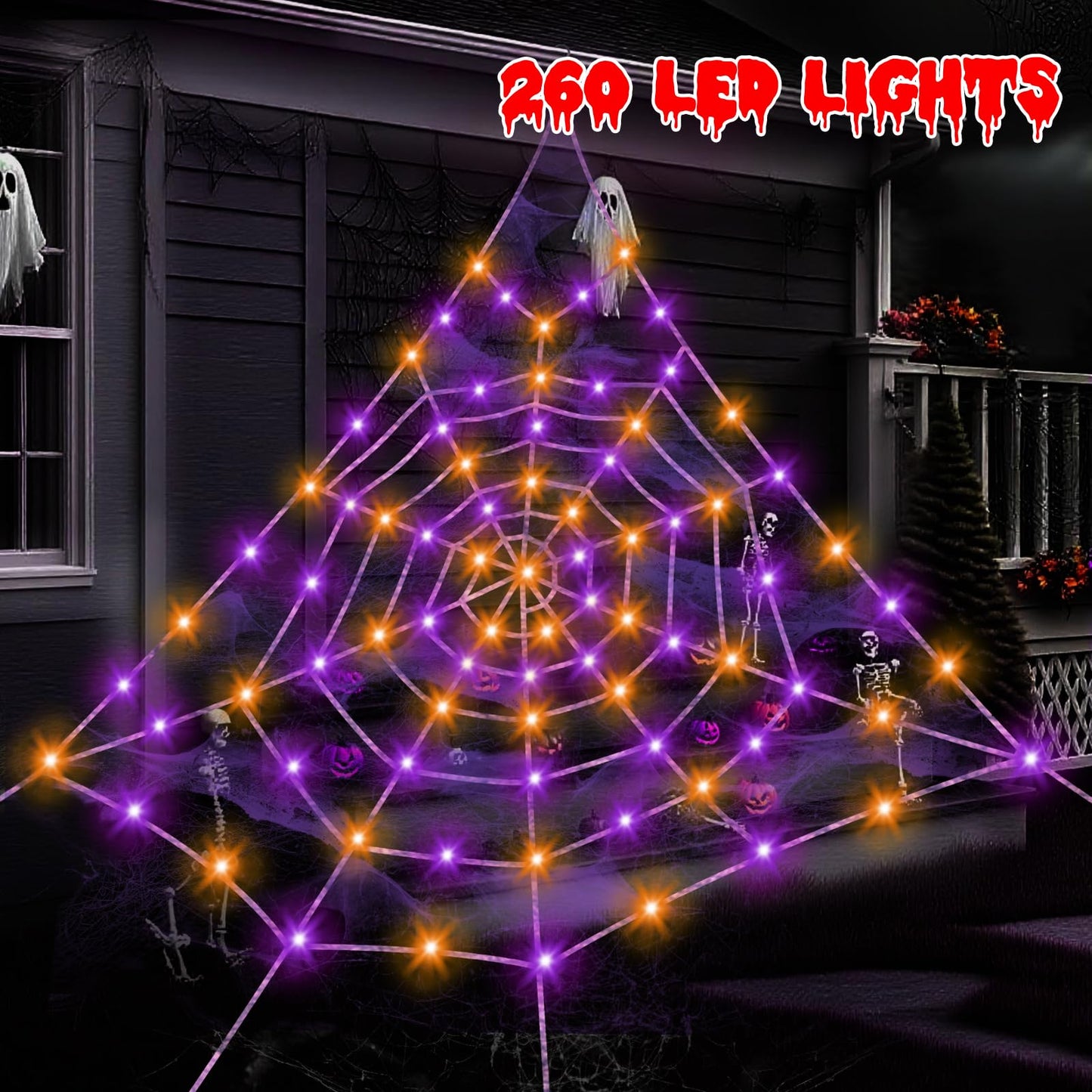 Spider Webs Halloween Decorations Outdoor, 260 Purple and Orange with 8 Modes Waterproof, Spider Web Decoration Outdoor Halloween Decor