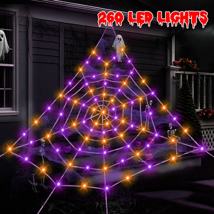 Spider Webs Halloween Decorations Outdoor, 260 Purple and Orange with 8 Modes Waterproof, Spider Web Decoration Outdoor Halloween Decor