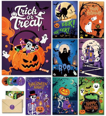 24 Pack Halloween Cards with Envelopes and Stickers, 8 Assorted Horror Designs Note Card for Trick or Treat Invitation, Halloween Party, Boxed Spooky Season Gift for Family Friend, 4x6in