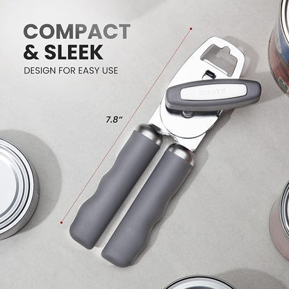 Zulay Kitchen Heavy Duty Stainless Steel Can Opener Manual with Bottle Opener - Rust Proof Manual Can Opener With Turn Knob & Comfy Soft Grip Handles - Gray