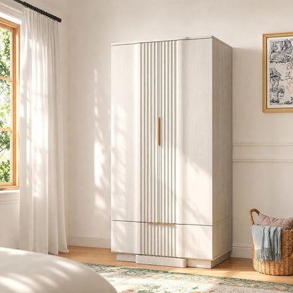 Yechen 67" Fluted Armoire Wardrobe Closet with Doors and Drawer, Wooden Wardrobe Cabinet with Adjustable Shelve, Modern Small Armoires for Hanging Clothes Coats for Bedroom, White Grey