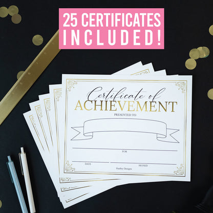 Certificate of Achievement Awards -25 Bulk Award Certificates for Students & Employee of the Month, Gold Certificate Paper, Superlative Academic Excellence End of School Certificates of Completion