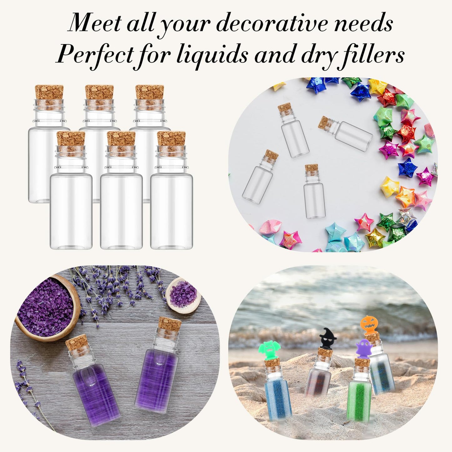Bokon 36 Pack Mini Plastic Bottles with Corks Funnels Plastic Potion Bottles Tiny Clear Sand Art Jar Wishing Vial Witch Potion Jars for Decorations Birthday Party DIY Crafts Gift
