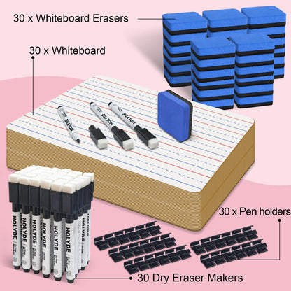 Set of 30 Dry Erase Boards, Double Sided Small Whiteboards with Lines for Kids, Students, Teacher & Classroom Pack, 9"x12" Mini Individual White Boards Lined for Writing with 30 Markers, 30 Erasers