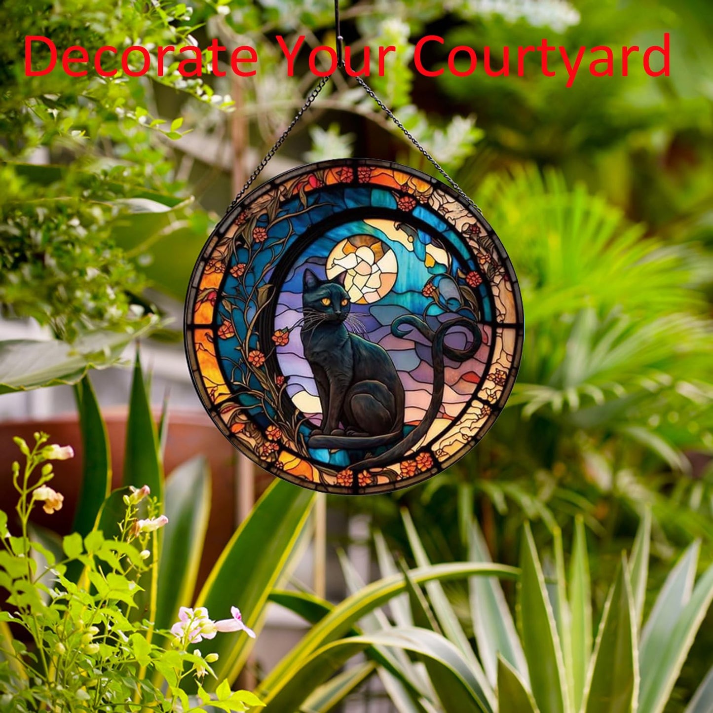 Payutou Black Cat Stained Glass Window Hangings,Suncatcher Stained Glass for Windows for Cat Lovers,20cm/7.87inch Hand-Painted Sun Catcher Garden Hangings Halloween Fall Christmas Decor for Home
