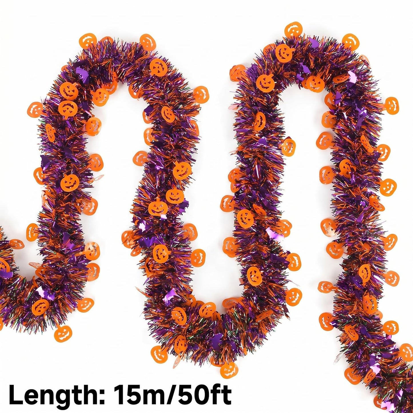 Halloween Tinsel Garland Decor, 50Ft Glitter Tinsel Twist Garland Decorations for Halloween Party Decor