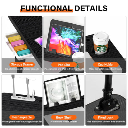 Lap Desk for Bed, Adjustable Laptop Desk with USB Charging Port, Storage Drawer & Bookshelf — Foldable Bed Desk for WFH & Students, 23.6" Desktop Fits 17" Laptop, Non-Slip, Black
