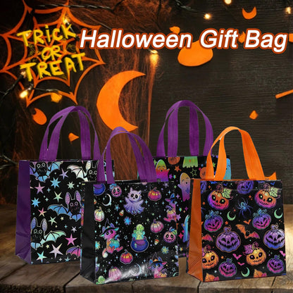 12Pcs Halloween Treat Bags, Medium Halloween Tote Gift Bags with Handles, Reusable Non-woven Bag for Candy Goodies Cookies Snacks, Trick-or-Treat or Horror-themed Party Favors Supplies(8.66 x 4.33 x 9.06 in)