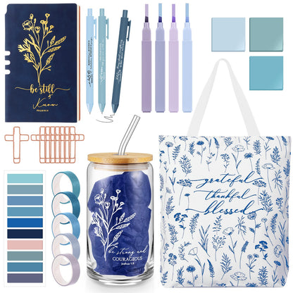 Singhoow 29 Pcs Bible Journaling Supplies Kit 16 oz Glass Cup Canvas Bag Leather Notebook Highlighters Pens Sticky Note Tapes Bible Study Supplies for Women Father Sunday School Teacher(Boho, Blue)