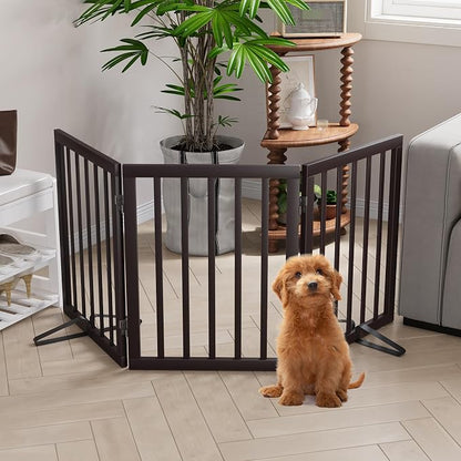 Freestanding Dog Gates Indoor, 3-Panel Pet Gates with 2 Metal Stands and 360° Hinge, 24" H Foldable Dog Gate for Stairs, Doorway, Kitchen, Expands Up to 55" Fully Assembled - Black Walnut