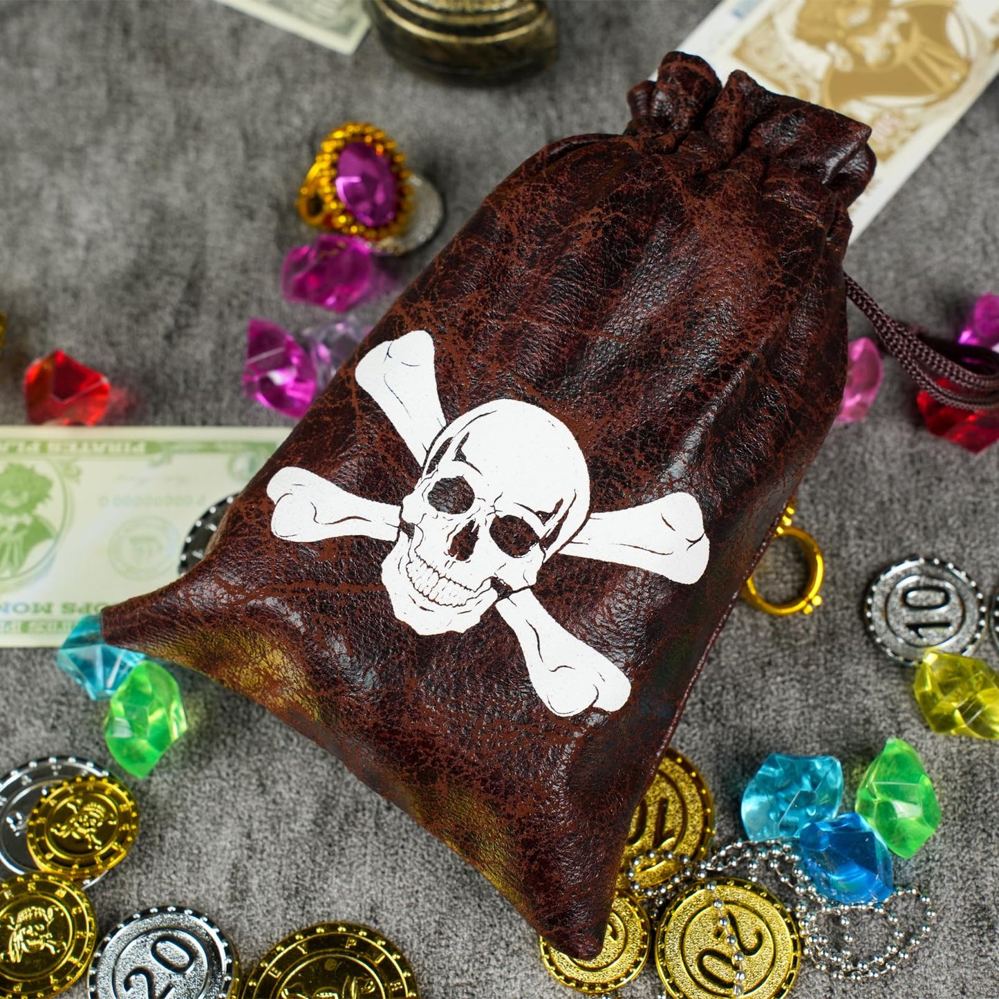 Jopffol 12 Pcs Pirate Loot Bags Goodie Bag with Drawstring,Faux Cow Skin Pirate Treasure Bags for Birthday Party Favors Supplies,Dice Bag Accessories for Party Decorations