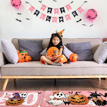 Tinideya 3 Pcs Halloween Ghost Kitchen Rugs and Mats Set Farmhouse Pumpkin Ghost Rugs Non Slip Halloween Kitchen Mat Cat Boo Floor Mats Halloween Decorations for Kitchen Bathroom Home Office (Pink)