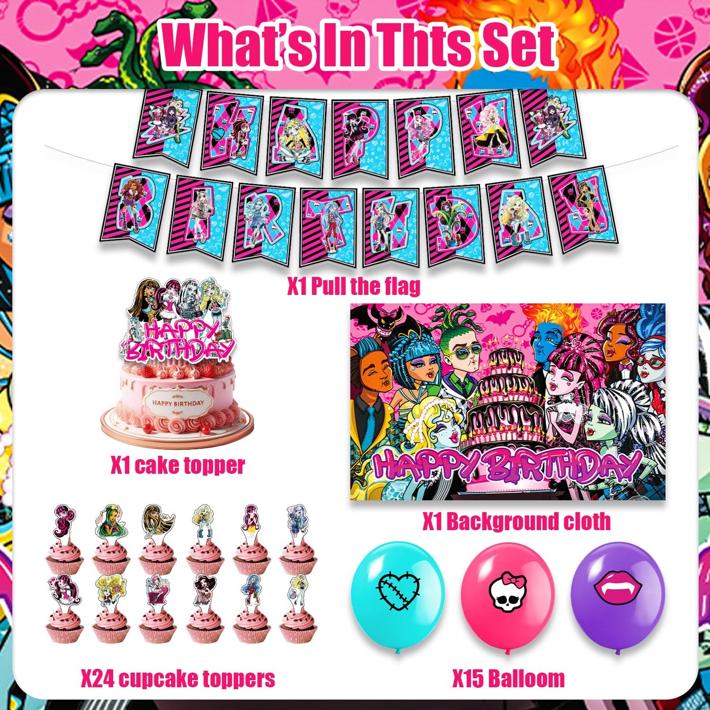 Gothic Monster Girl Birthday Party Decorations 42PCS Spooky Party Supplies with Banner, Cake Topper, Cupcake Toppers, Backdrop & Balloons, Spooky Themed Decor for Birthday, Halloween & Teen Party