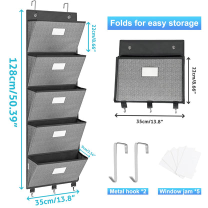 Over the Door File Organizer, Hanging File Folders, Wall Organizers and Storage for Mail, Magazine, Notebooks, Planners, Office, Classroom, 5 Extra Large Pockets, 50.39” Tall (Grey with Herringbone)