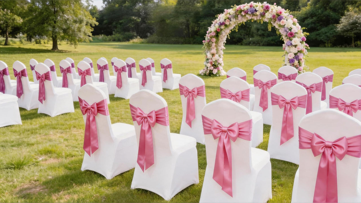 Satin Chair Sashes Bows 50 Pack Universal Polyester Chair Ribbons for Wedding Anniversary Retirement Party Birthday Engagement Banquet Graduation Outdoor Events Decor (Pink, 50 pcs)