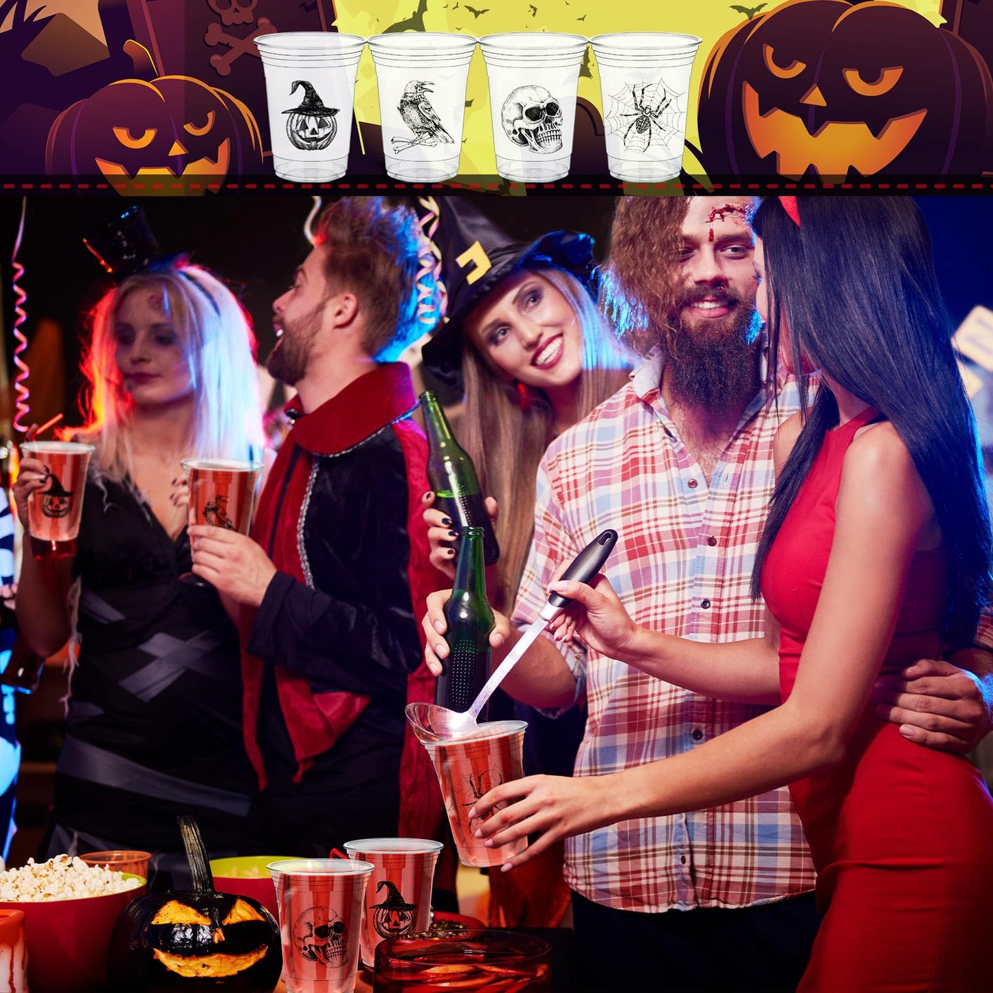 Teenyyou 100 pcs 16 oz Halloween Plastic Cups Disposable Halloween Clear Skull Pumpkin Spider Party Cups for Cold Drinks Candies Fruits and Party Supplies Decorations (Skull)
