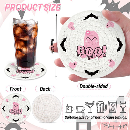 Whaline 4Pcs Halloween Handmade Braided Cotton Coasters Pink Black Pumpkin Ghost Boo Drink Coasters Absorbent Cup Mat for Home Office Party Decor, 4.3 Inch