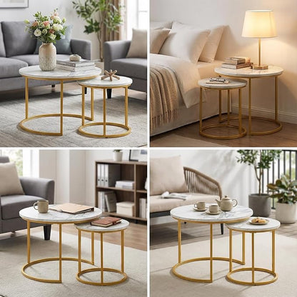 Round Nesting Coffee Table Set of 2, Modern Marble Pattern Wooden Nesting Tables, Stacking Minimalist End Table for Living Room Bedroom Small Space, (Glod Leg+White top)