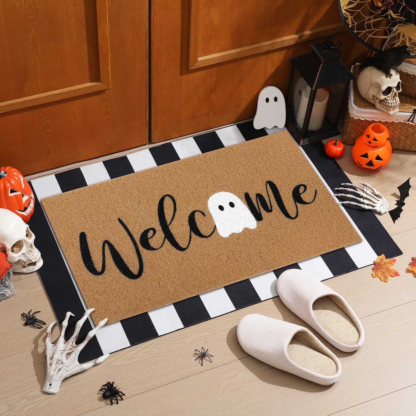 Tinideya 2 Pcs Door Mat Welcome Non Slip Coir Mats Floor Layering Doormats Seasonal for Front Porch Entryway Decor(White Ghost)