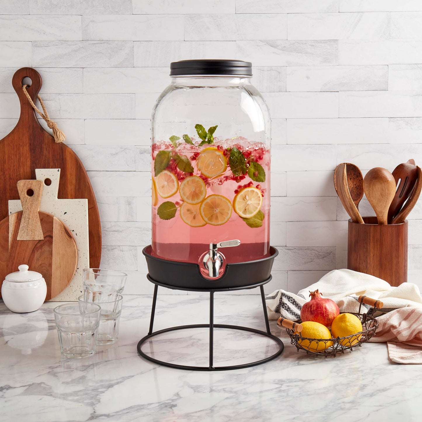 Mason Craft & More 3 Gallon Glass Beverage Drink Dispenser with Leakproof Spigot and Metal Stand