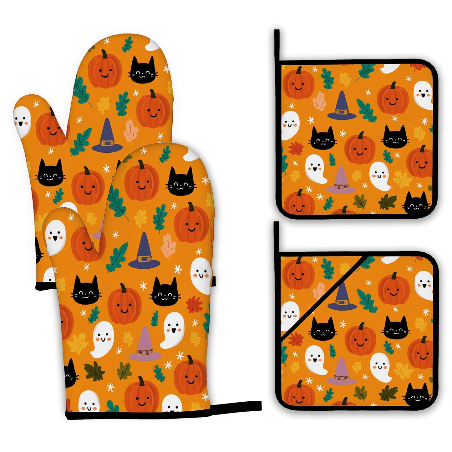 Halloween Pumpkins Oven Mitts and Pot Holders Set,Ghosts Black Cats Kitchen Decor Heat Resistant Non Slip Hot Pads and Oven Mitt for Chef Cooking Baking BBQ Mom Girl Gifts(4 Piece Set)