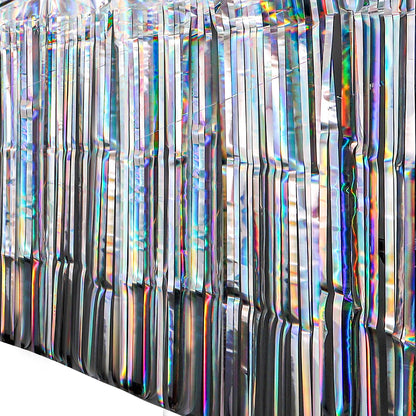 Yopay 8 Pack Iridescent Fringe Table Skirt, 108" X 29" Silver Tassle Banner for Mardi Gras, Bridal Shower, Wedding, Self-adhesive Disposable Table Cover Party Decoration