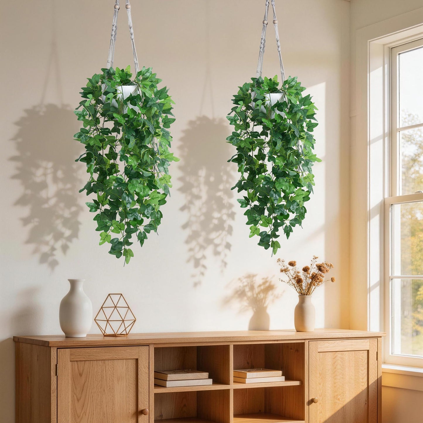 DREAMLOOM 2 Packs Fake Hanging Plants with Pots, Artificial Ivy Hanging Plants with Macrame Hanger for Indoor Decor, Fake Hanging Vines Faux Greenery for Home Kitchen Office