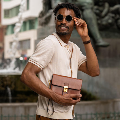 Time Resistance Leather Clutch - Organizer Bag for Men - Wrist Bag - Briefcase Handmade in Italy (Cognac Brown) - Handbag for Men - Gift Box Included