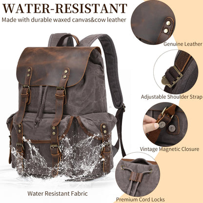 Yamons Genuine Leather Backpack for Men, Waxed Canvas Backpack Shoulder Rucksack with Toiletry Vintage Backpack for Travel,Camping, Hiking(Grey)