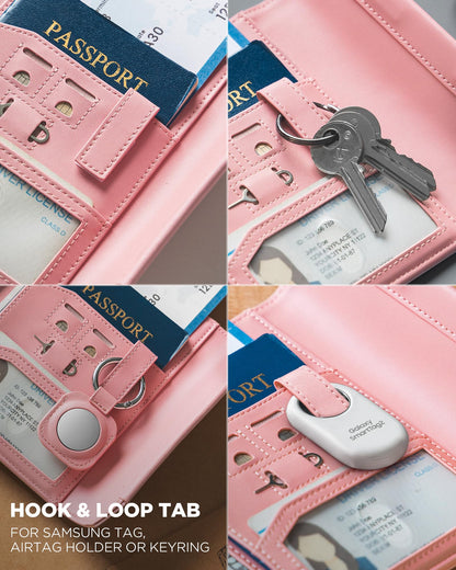 VULKIT RFID Blocking Leather Passport & Card Holder, Dual Person Travel Passport Wallet with Secure Magnetic Closure, Pink