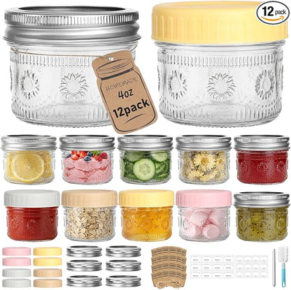CycleMore 4oz Mason Jars, 12 Pack SunFlower Jar With Silver Separable Lids & Colorful Plastic Lids, Mini Canning Jars for Honey, Jam, Jelly, Wedding Favors, Kitchen Food Storage
