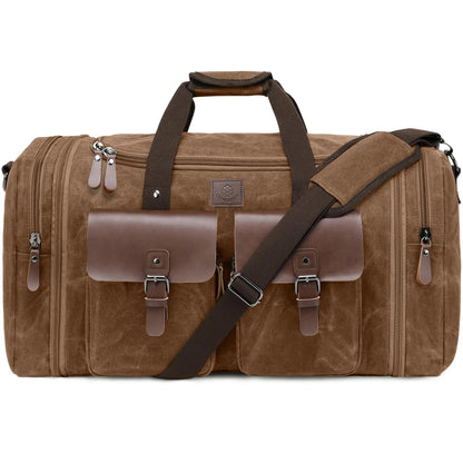 Densata Waxed Canvas Duffle Bag for Men 50L Travel Duffel Bags Expandable Genuine Leather Duffel Overnight Weekender Carry On Bag Two Zipper Pockets Travel Bag (Vintage Dark Brown, Large-50L)