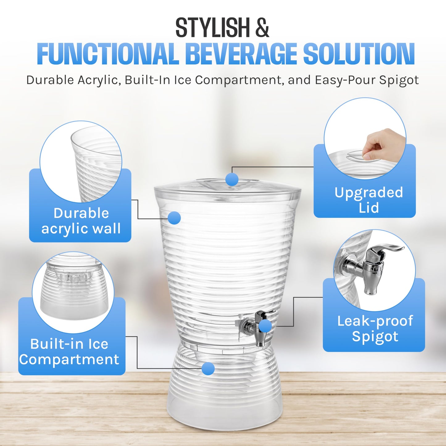 Drink Dispenser for Parties (2.5 Gallon) Large Plastic Water Dispenser for Counter Tops, No Mess, Easy to Assemble & Wash, Up to 40 Drinks, For Drinks, Juice, Punch & Water (1 Pack)