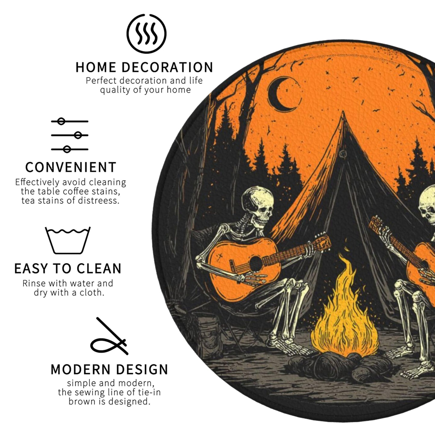 Halloween Skull Coasters Leather Round Drink Coasters 6 Pcs Set with Holderor for Cup Drink Coffee Table Bar Home Decor