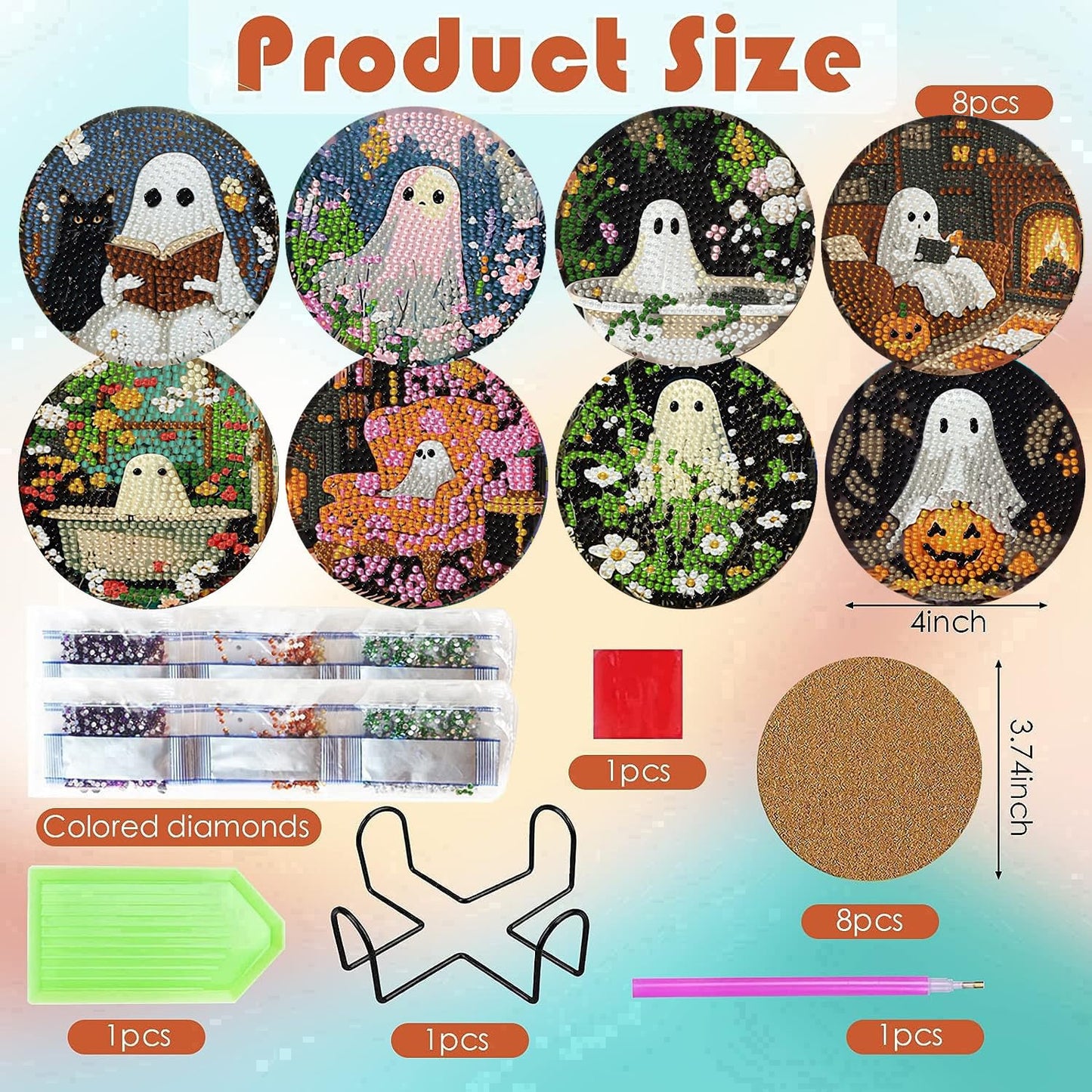 ijbnhd 8 Pack Halloween Diamond Art Coasters Kits, Halloween Diamond Painting Coasters Kit with Holder, DIY Ghost Diamonds Art Non Slip Coaster Crafts Kits for Adults Gifts 4x4 inch (Cork Wooden Pad)