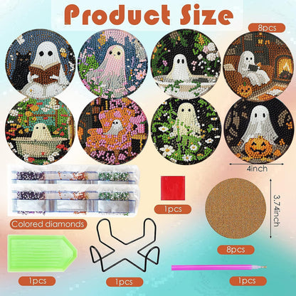 ijbnhd 8 Pack Halloween Diamond Art Coasters Kits, Halloween Diamond Painting Coasters Kit with Holder, DIY Ghost Diamonds Art Non Slip Coaster Crafts Kits for Adults Gifts 4x4 inch (Cork Wooden Pad)