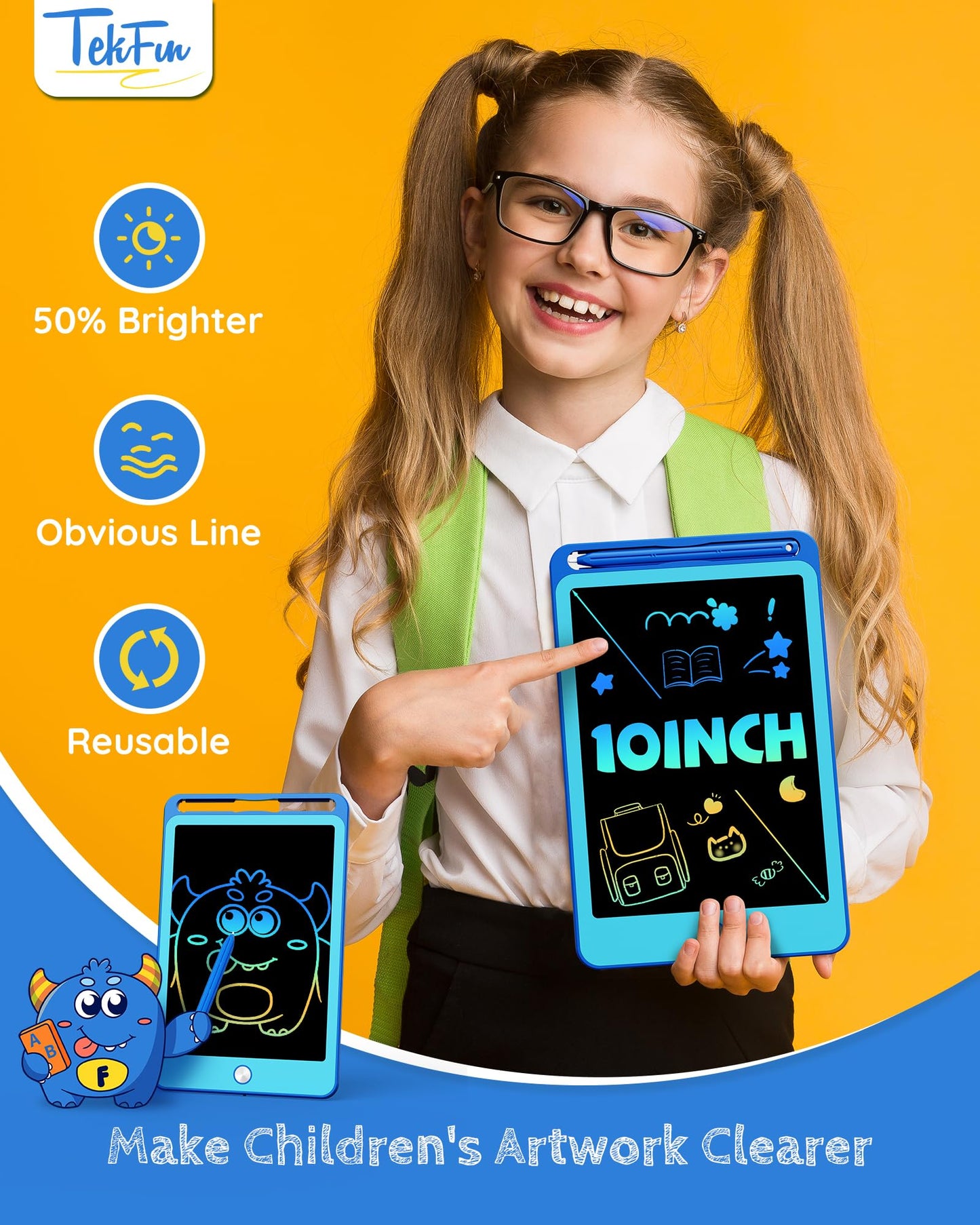 TEKFUN 2 Pack LCD Writing Tablet for Kids, 10 Inch Blue+Blue Doodle Board Drawing Board Reusable Drawing Tablet with Lanyard, Educational Kids Toys Birthday Gift for Boys Girls 3-12 Years Old