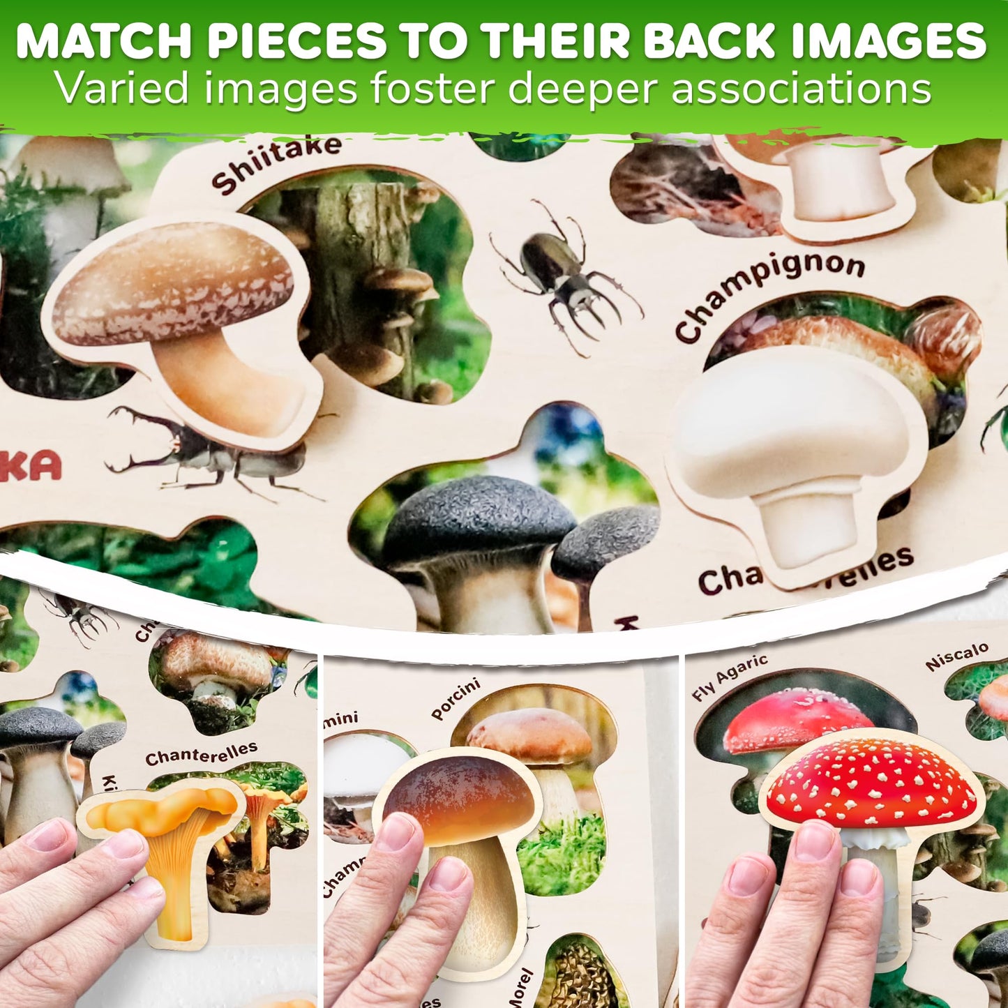 QUOKKA Wooden Puzzles for Toddlers 2-4 – 3X Set Montessori Toys Puzzles for Kids Ages 3-5 – Wood Educational Baby Game 12-18 Months – Gift Learning Mushrooms Flowers Leaves for Boy and Girl 3-5